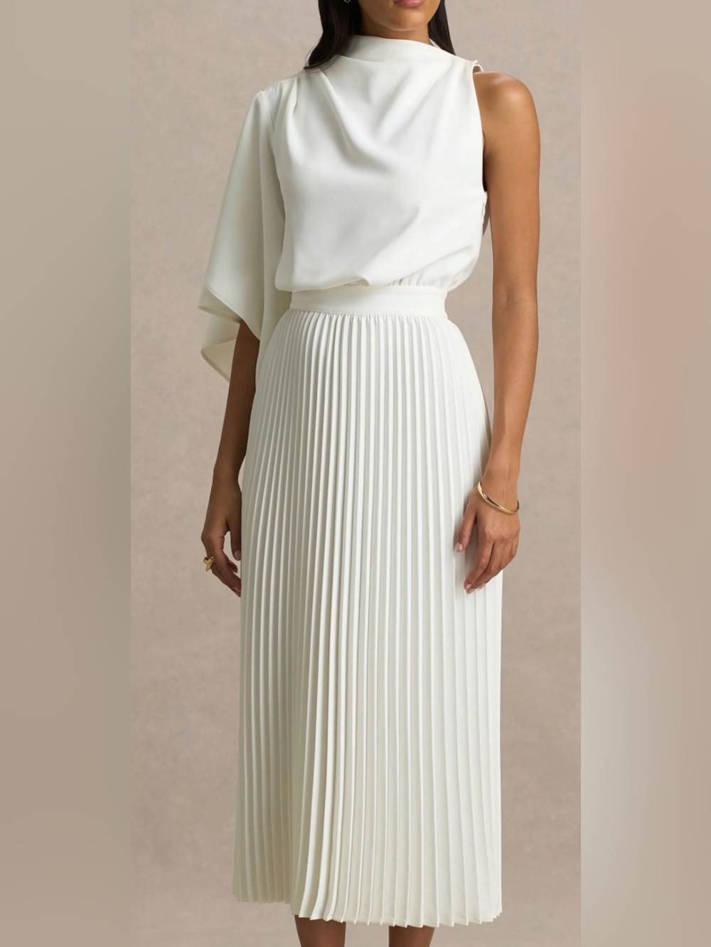 JIMENA
Cream High-Neck Midi Dress With One-Long Sleeve And Pleated Detailing